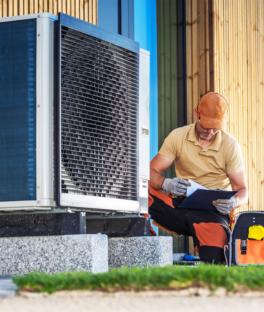 Installateur überprüft Unterlagen an Wärmepumpe – Symbolbild für Energieberatung und Fördermittelberatung über unabhängige Experten bei directpool