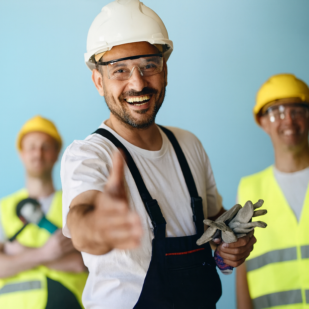 Lächelnder Handwerker streckt Hand zum Handschlag aus – steht für Vertrauen, Partnerschaft und erfolgreiche Zusammenarbeit auf der directpool Plattform.