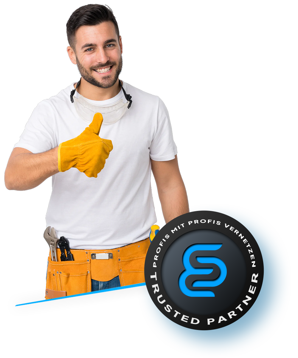 Handwerker mit Daumen hoch und Trusted-Partner-Siegel – steht für geprüfte Qualität, zuverlässige Fachbetriebe und partnerschaftliche Lösungen auf der directpool Plattform.