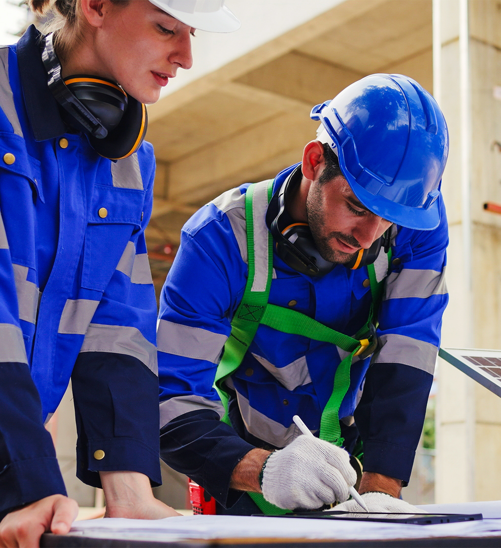 Ingenieure planen Photovoltaikanlage auf Baustelle – Symbol für Förderberatung und nachhaltige Energielösungen durch unabhängige Experten bei directpool.